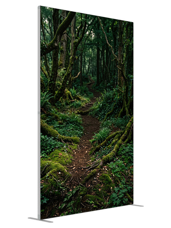 A dirt path winding into a dense, moss-covered forest with ferns and filtered light, 5ft photography backdrop panel for Denny StudioEdge silicone edge frame, angled view
