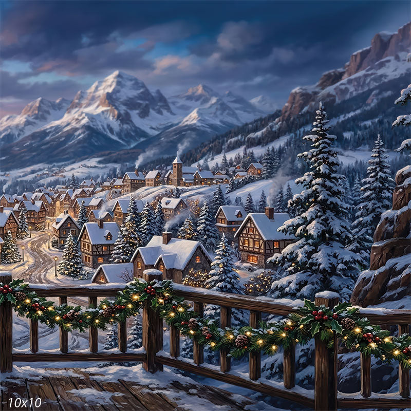 mountain Christmas village studio background with chalets and snow CP-8891