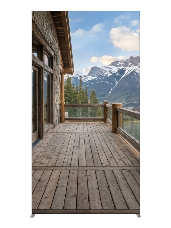 A rustic cabin deck overlooking pine forest and snow-capped mountains, 4ft photography backdrop panel for Denny StudioEdge silicone edge frame