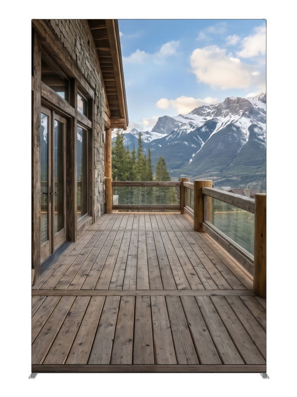 A rustic cabin deck overlooking pine forest and snow-capped mountains, 5ft photography backdrop panel for Denny StudioEdge silicone edge frame