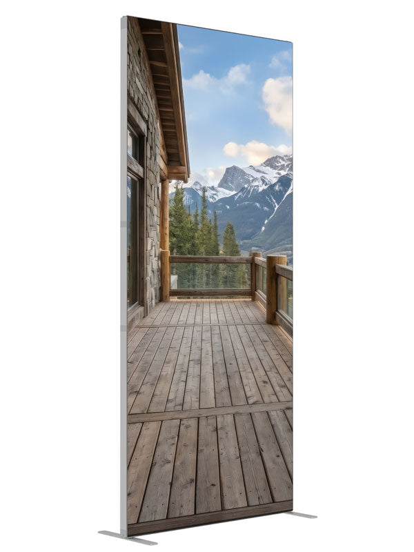 A rustic cabin deck overlooking pine forest and snow-capped mountains, 3ft photography backdrop panel for Denny StudioEdge silicone edge frame, angled view