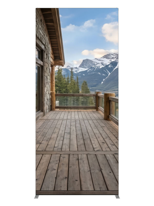 A modern resort balcony at dusk with a reflective floor and warm lighting over snow-capped mountains, 3ft photography backdrop panel for Denny StudioEdge silicone edge frame