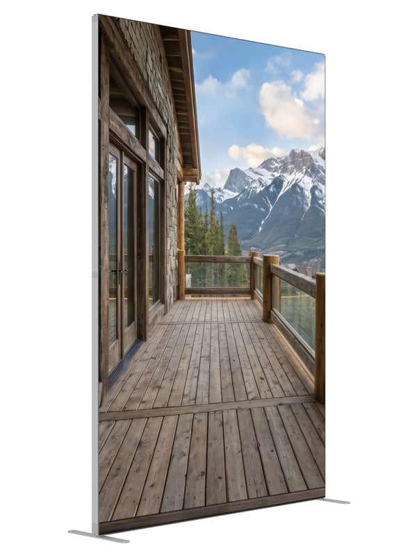 A modern resort balcony at dusk with a reflective floor and warm lighting over snow-capped mountains, 5ft photography backdrop panel for Denny StudioEdge silicone edge frame, angled view