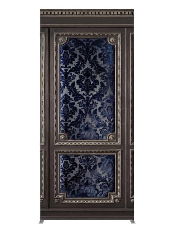 Charcoal wall paneling with silver-beaded frames and deep navy damask brocade panels, 3ft photography backdrop panel for Denny StudioEdge silicone edge frame