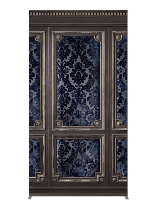 Charcoal wall paneling with silver-beaded frames and deep navy damask brocade panels, 4ft photography backdrop panel for Denny StudioEdge silicone edge frame