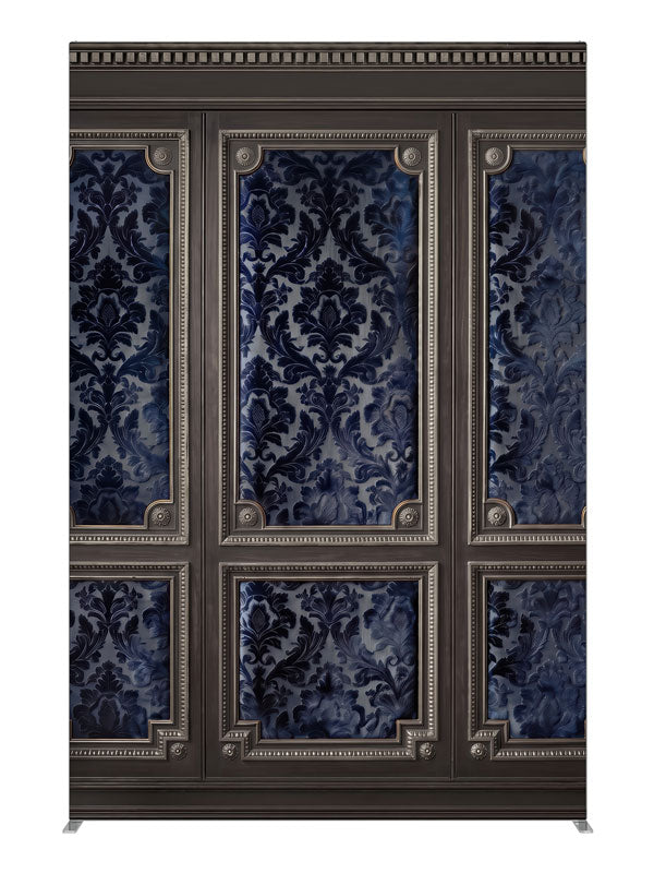Charcoal wall paneling with silver-beaded frames and deep navy damask brocade panels, 5ft photography backdrop panel for Denny StudioEdge silicone edge frame