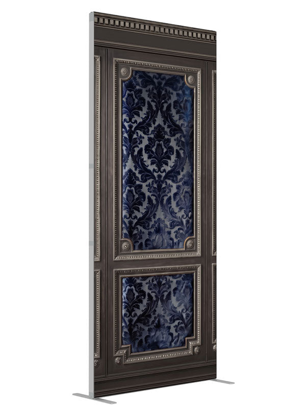 Charcoal wall paneling with silver-beaded frames and deep navy damask brocade panels, 3ft photography backdrop panel for Denny StudioEdge silicone edge frame, angled view