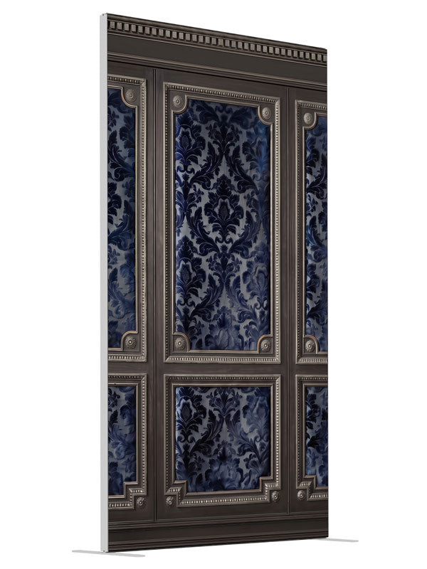Charcoal wall paneling with silver-beaded frames and deep navy damask brocade panels, 4ft photography backdrop panel for Denny StudioEdge silicone edge frame, angled view