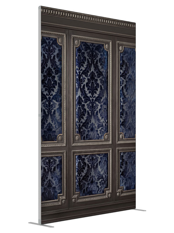 Charcoal wall paneling with silver-beaded frames and deep navy damask brocade panels, 5ft photography backdrop panel for Denny StudioEdge silicone edge frame, angled view