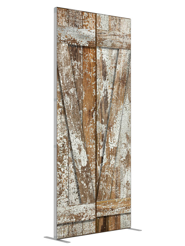 Neglected Rustic Barn Door shown at an angled view, photography backdrop panel for Denny StudioEdge silicone edge frame, 3 ft