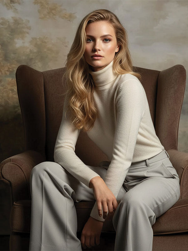 Blonde woman wearing a cream turtleneck sweater and gray pants sits in a brown armchair facing forward against a neutral toned classic painted backdrop with soft landscape details.