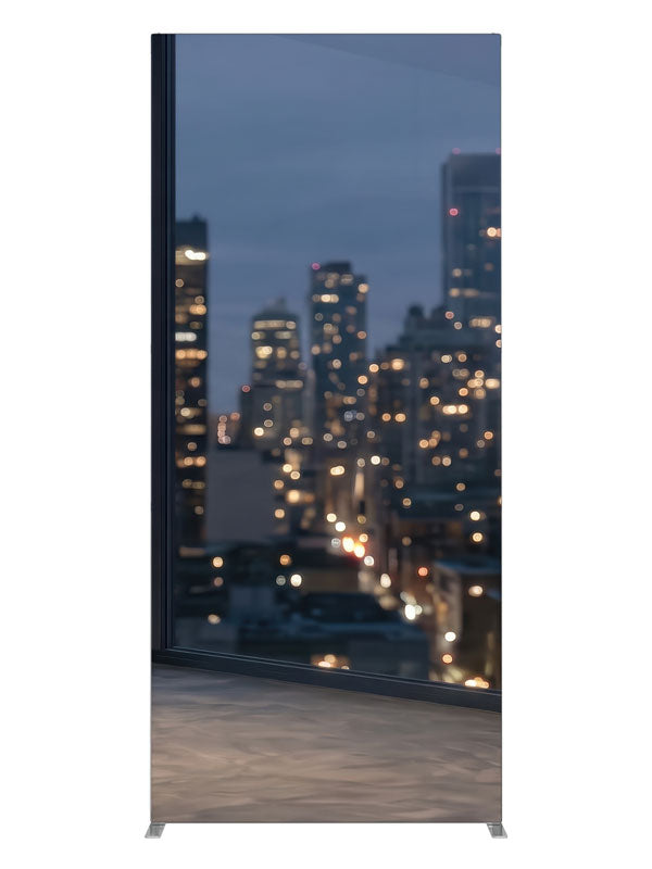 An empty modern room corner with windows over a softly blurred nighttime city skyline, 3ft photography backdrop panel for Denny StudioEdge silicone edge frame