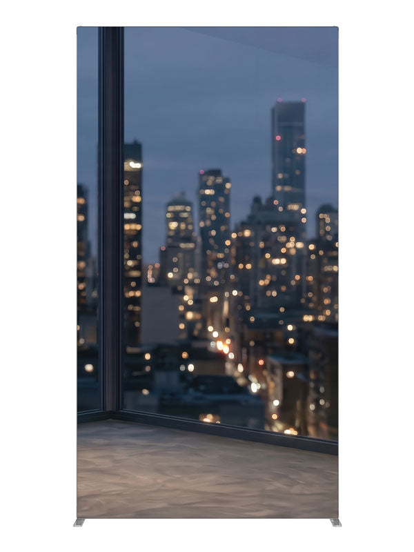 An empty modern room corner with windows over a softly blurred nighttime city skyline, 4ft photography backdrop panel for Denny StudioEdge silicone edge frame