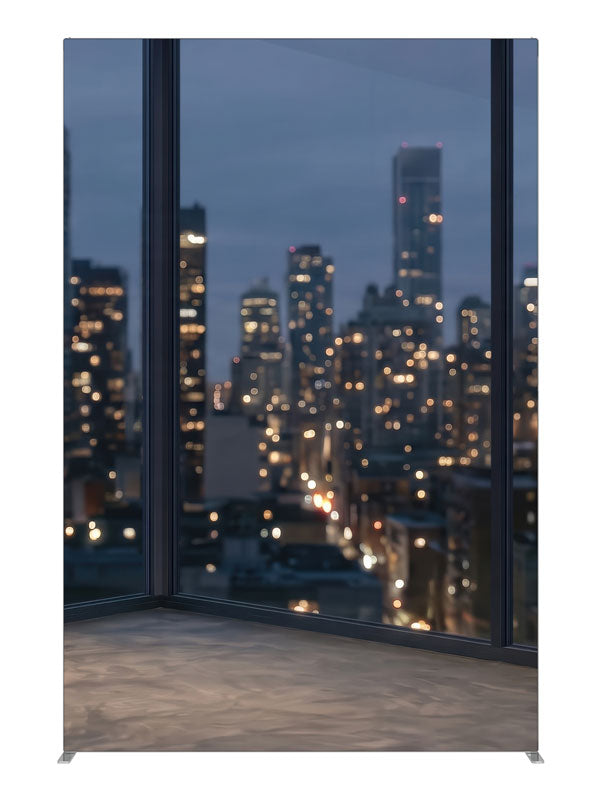 An empty modern room corner with windows over a softly blurred nighttime city skyline, 5ft photography backdrop panel for Denny StudioEdge silicone edge frame