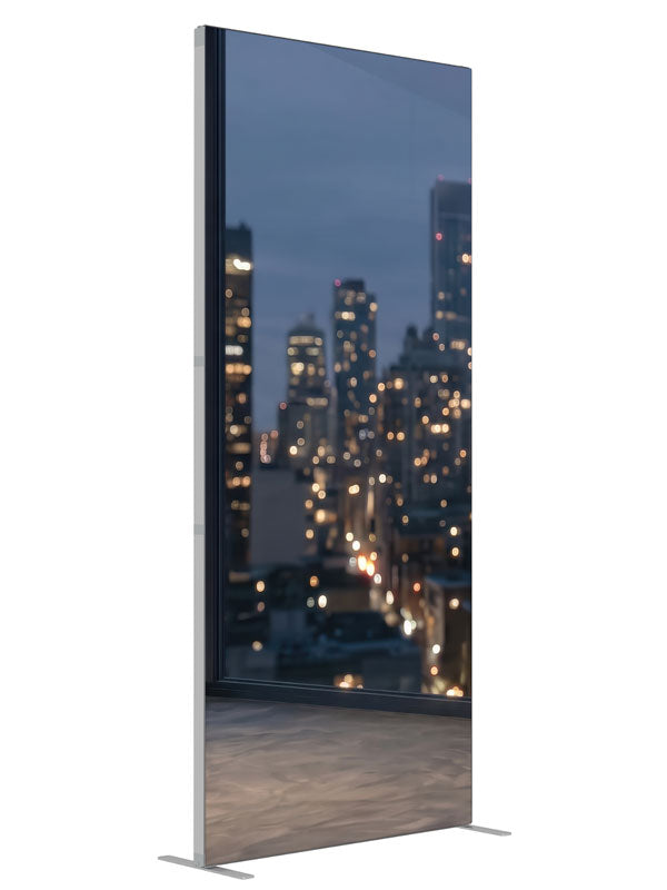 An empty modern room corner with windows over a softly blurred nighttime city skyline, 3ft photography backdrop panel for Denny StudioEdge silicone edge frame, angled view