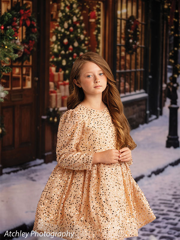 Noel Street snowy Christmas village toy shop photography backdrop shown with a girl in a gold sparkle dress standing alone on the snowy street CP-8890