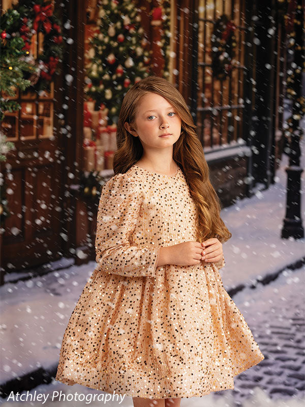 Noel Street snowy Christmas village toy shop photography backdrop shown with a girl in a gold sparkle dress smiling on the snowy village street CP-8890