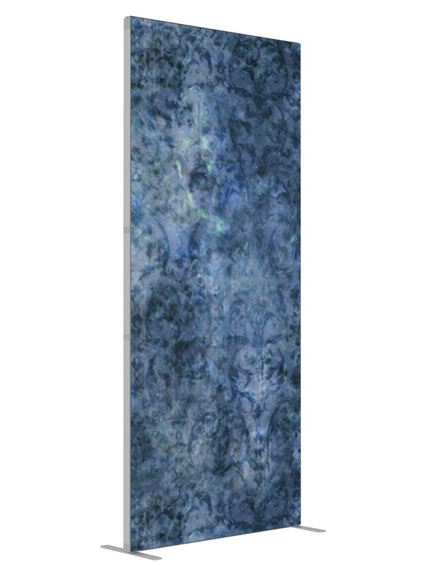 Noteworthy Blue Damask shown at an angled view, photography backdrop panel for Denny StudioEdge silicone edge frame, 3 ft