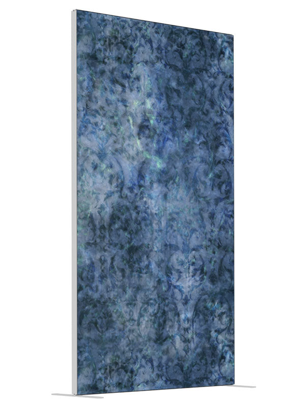 Noteworthy Blue Damask shown at an angled view, photography backdrop panel for Denny StudioEdge silicone edge frame, 4 ft