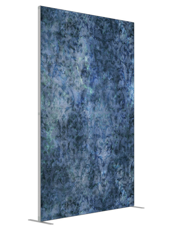 Noteworthy Blue Damask shown at an angled view, photography backdrop panel for Denny StudioEdge silicone edge frame, 5 ft