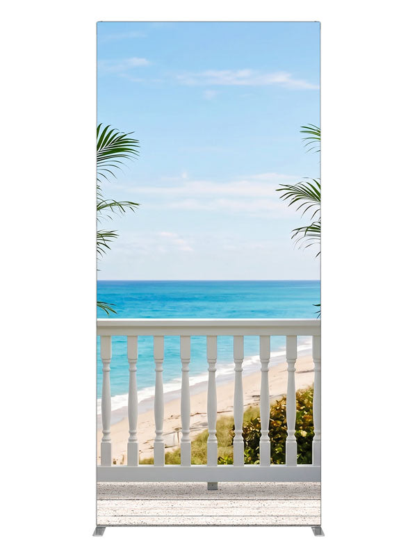 A white seaside deck with a spindle railing and porcelain palm planters over turquoise ocean, 3ft photography backdrop panel for Denny StudioEdge silicone edge frame