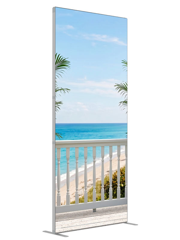 A white seaside deck with a spindle railing and porcelain palm planters over turquoise ocean, 3ft photography backdrop panel for Denny StudioEdge silicone edge frame, angled view