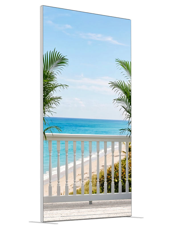 A white seaside deck with a spindle railing and porcelain palm planters over turquoise ocean, 4ft photography backdrop panel for Denny StudioEdge silicone edge frame, angled view