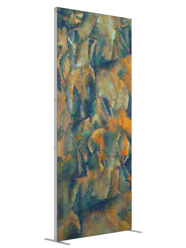 Olive gold blue earthen abstract shown at an angled view, photography backdrop panel for Denny StudioEdge silicone edge frame, 3 ft