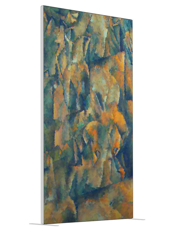 Olive gold blue earthen abstract shown at an angled view, photography backdrop panel for Denny StudioEdge silicone edge frame, 4 ft