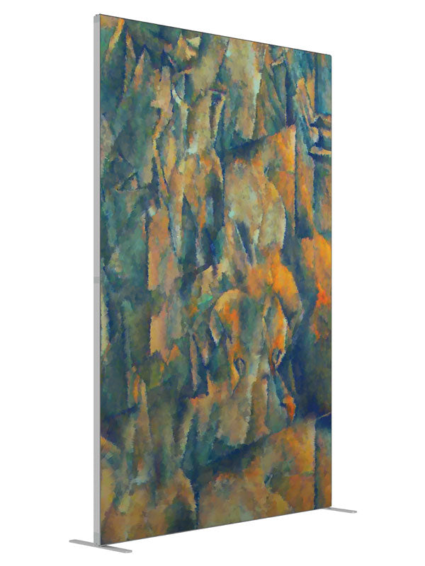 Olive gold blue earthen abstract shown at an angled view, photography backdrop panel for Denny StudioEdge silicone edge frame, 5 ft