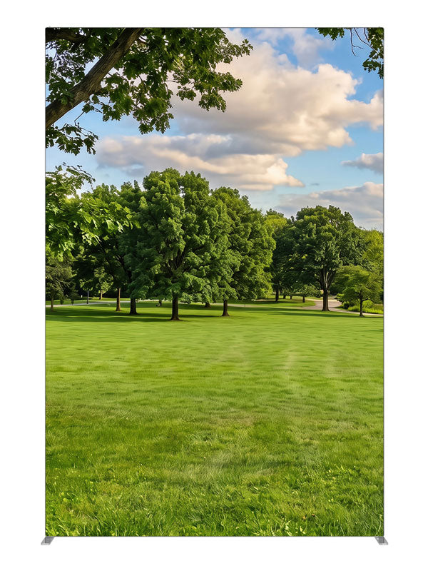 A broad open park lawn with a large shade tree and a distant tree line under a cloud-dotted sky, 5ft photography backdrop panel for Denny StudioEdge silicone edge frame