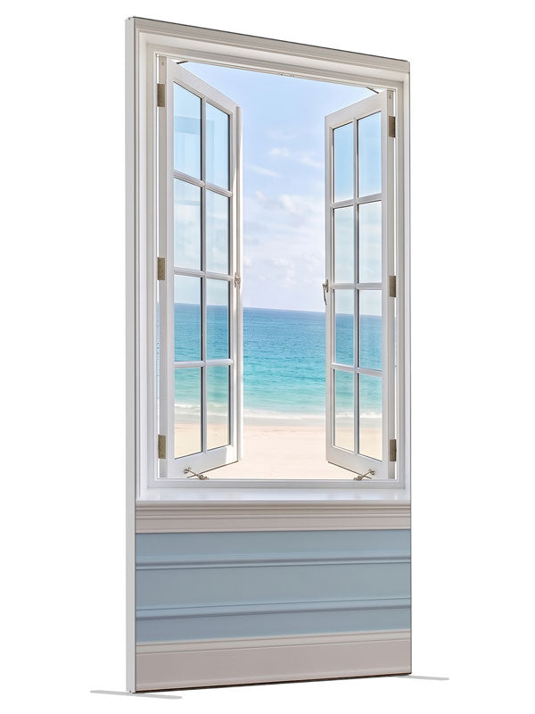A white casement window open in a pale blue paneled wall onto a turquoise beach and sky, 4ft photography backdrop panel for Denny StudioEdge silicone edge frame, angled view
