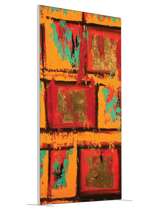 Orange red gold collage shown at an angled view, photography backdrop panel for Denny StudioEdge silicone edge frame, 4 ft
