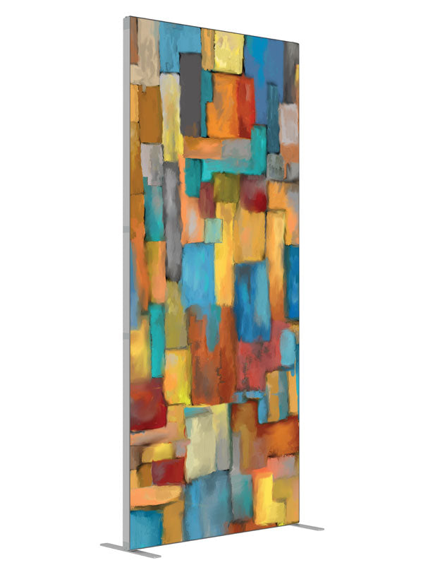 Orange teal gold cubist square shown at an angled view, photography backdrop panel for Denny StudioEdge silicone edge frame, 3 ft