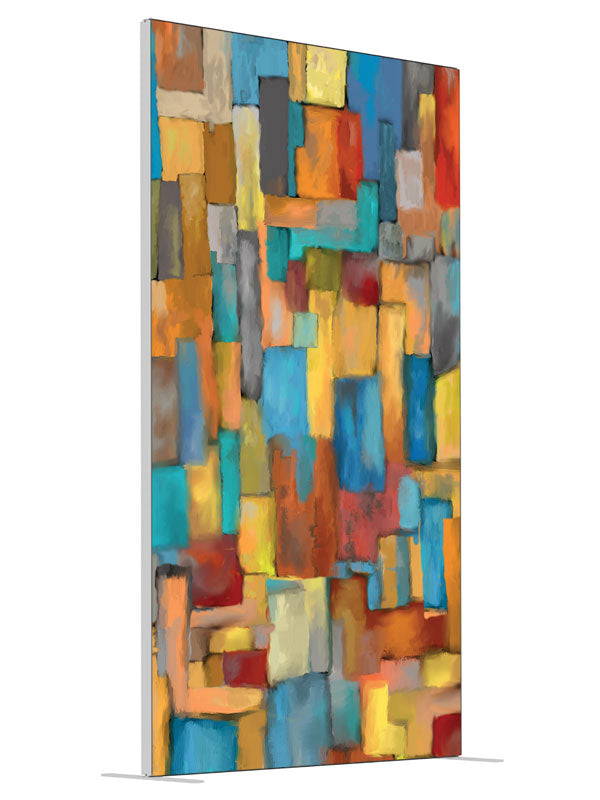 Orange teal gold cubist square shown at an angled view, photography backdrop panel for Denny StudioEdge silicone edge frame, 4 ft