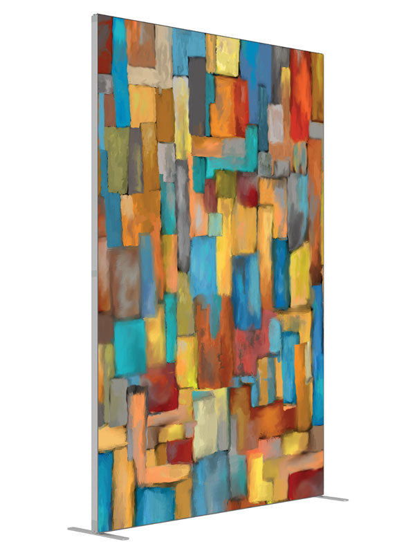 Orange teal gold cubist square shown at an angled view, photography backdrop panel for Denny StudioEdge silicone edge frame, 5 ft