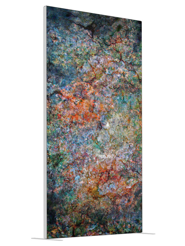Orange teal mossy stone shown at an angled view, photography backdrop panel for Denny StudioEdge silicone edge frame, 4 ft