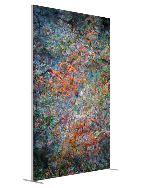 Orange teal mossy stone shown at an angled view, photography backdrop panel for Denny StudioEdge silicone edge frame, 5 ft
