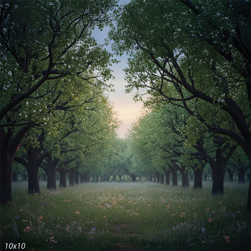Orchard-style woodland with rows of leafy trees, a soft grassy clearing, and scattered pastel wildflowers leading toward a hazy sunrise.