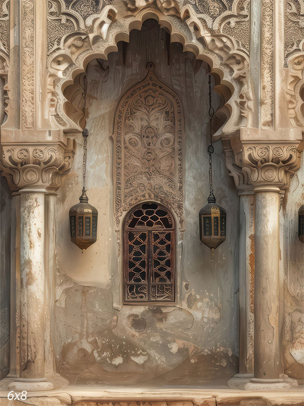 Printed photography backdrop showing an ornate Arabian Nights scene with a carved Moorish archway, a latticed window centerpiece, and two hanging metal lanterns against weathered beige stone walls.