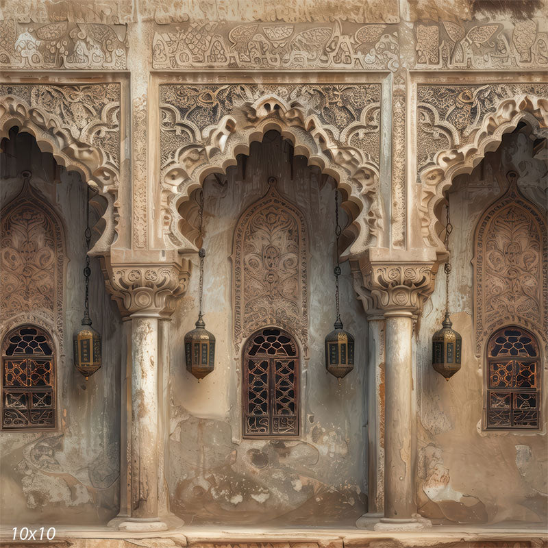 Printed photography backdrop showing an ornate Arabian Nights scene with three carved Moorish archways, columns, latticed windows, and hanging metal lanterns against weathered beige stone walls.