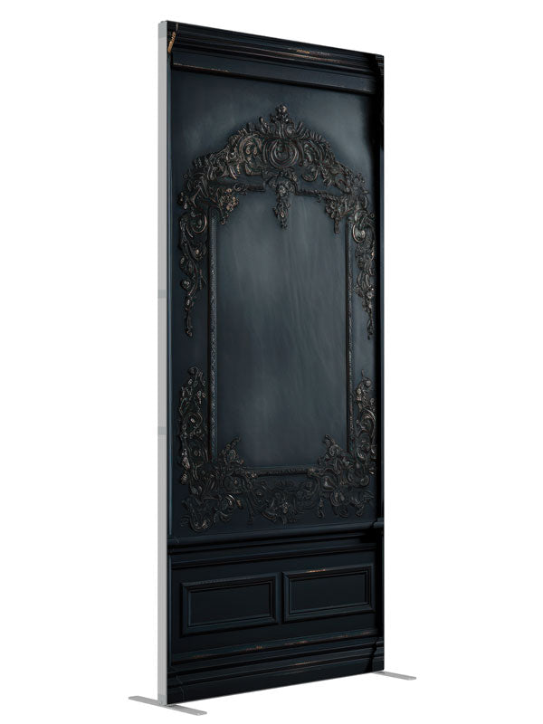 Ornate Bookcase shown at an angled view, photography backdrop panel for Denny StudioEdge silicone edge frame, 3 ft
