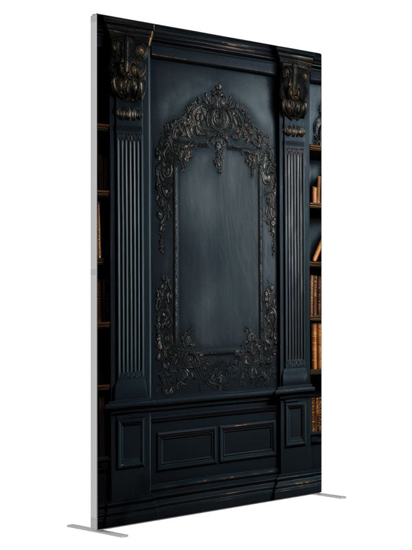 Ornate Bookcase shown at an angled view, photography backdrop panel for Denny StudioEdge silicone edge frame, 5 ft