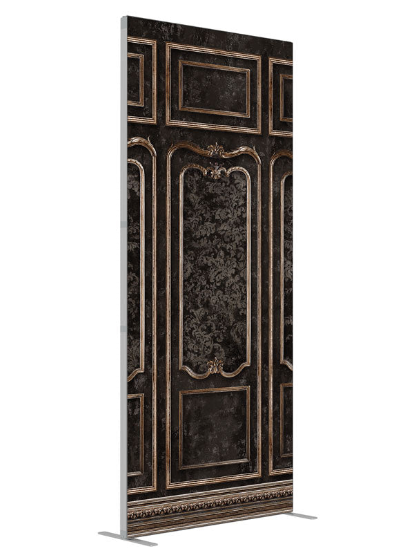 Ornate charcoal panel wall printed backdrop angled view 3ft - Denny StudioEdge SECP-7535