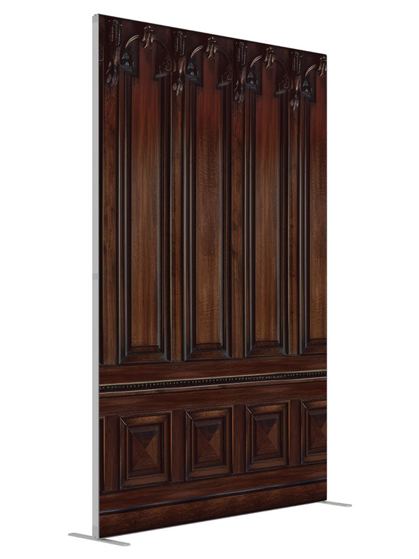 Ornate Dark Wood Panel shown at an angled view, photography backdrop panel for Denny StudioEdge silicone edge frame, 5 ft