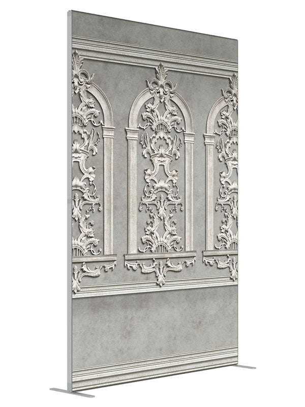 Ornate Wall shown at an angled view, photography backdrop panel for Denny StudioEdge silicone edge frame, 5 ft