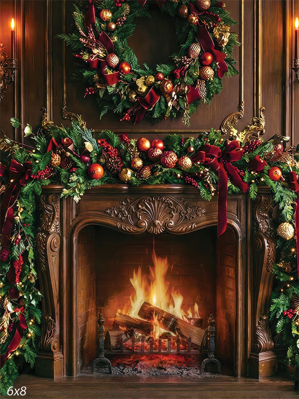 ornate wood Christmas fireplace wreath photography backdrop CP-8886