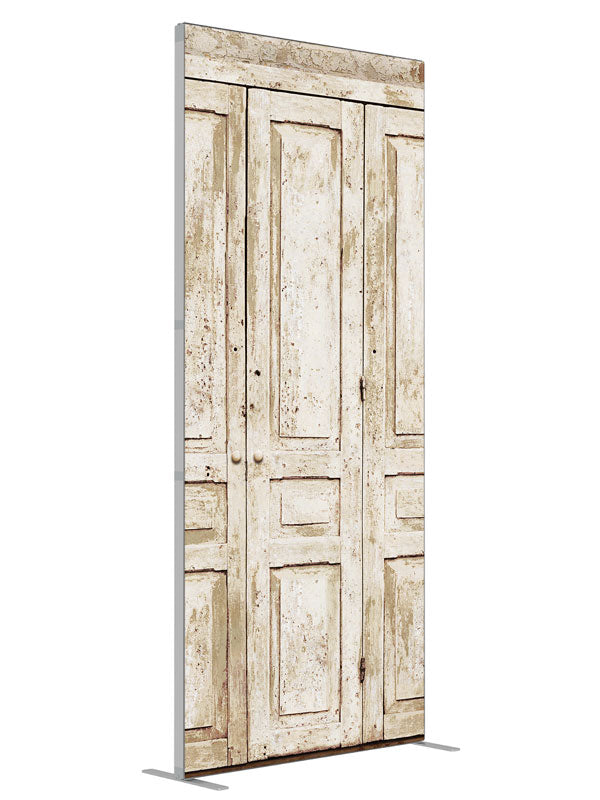 Ivory Cabinets shown at an angled view, photography backdrop panel for Denny StudioEdge silicone edge frame, 3 ft
