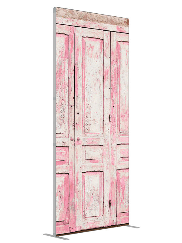 Pink Cabinets shown at an angled view, photography backdrop panel for Denny StudioEdge silicone edge frame, 3 ft