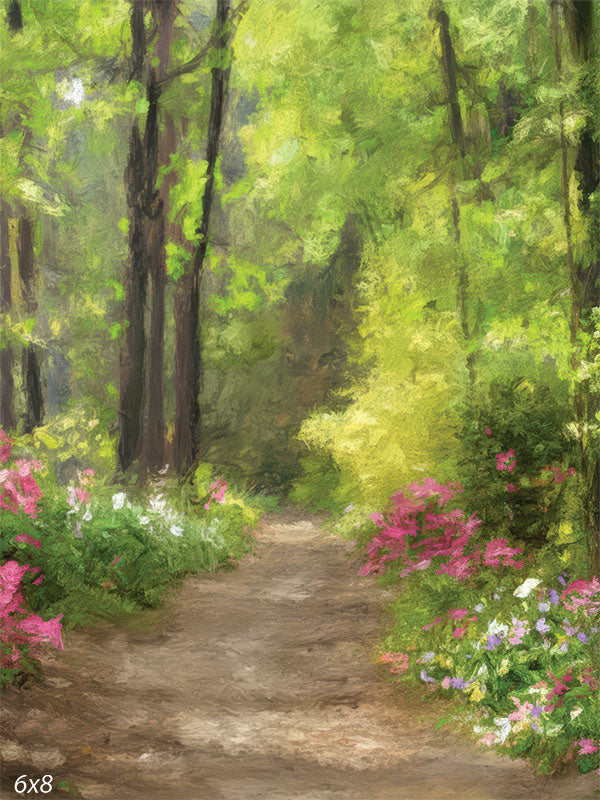 An impressionistic spring forest scene with a dirt path leading into the trees, framed by pink and white flowers along both sides.